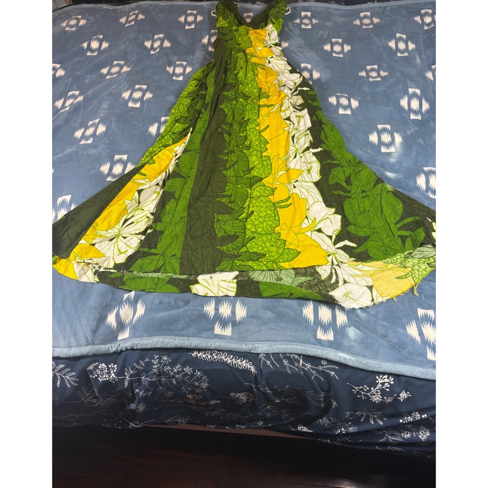 Tropical Floral Maxi Dress Green Yellow White V-Neck Sleeveless Raw Hem Summer